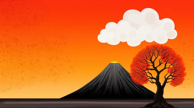 Pixel Art Volcano Sunset Landscape with Red Tree