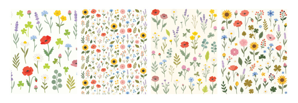 A charming collection of assorted wildflowers and clover illustrations featuring poppies daisies cornflowers sunflowers and lavender, colorful floral patterns with various flowers on cream background