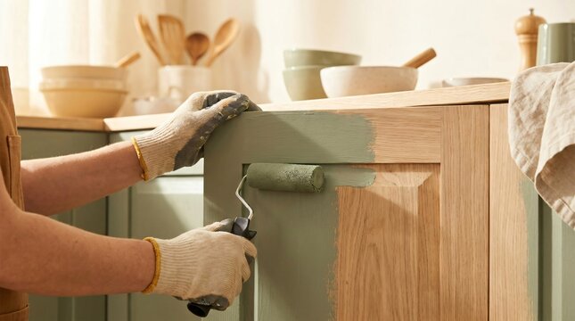 Man using paint roller to renovate kitchen cabinets. Home improvement project featuring green paint application on wooden furniture. DIY interior design and house remodeling renovation work.