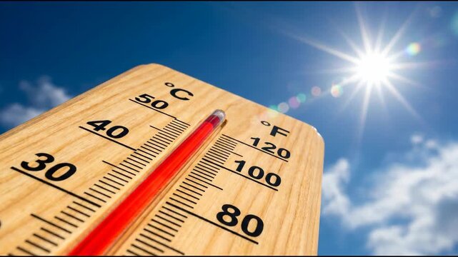 Heat wave stroke extreme summer thermometer sun glare blue sky cloud weather warning. Heat wave stroke extreme summer global warming, thermometer to high temperature, sun, climate hot weather