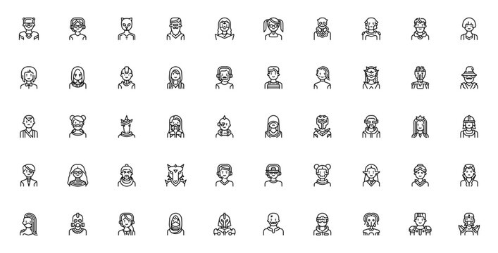 Gamer avatar pack. Game character icons. Featuring cat, robot, cyberpunk, wizard, knight, samurai, dragon, princess, elf, skull and more. Editable vector.
