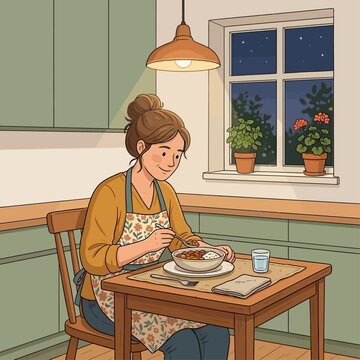 Woman enjoys a quiet dinner by the window in a softly lit kitchen during the peaceful evening hours.