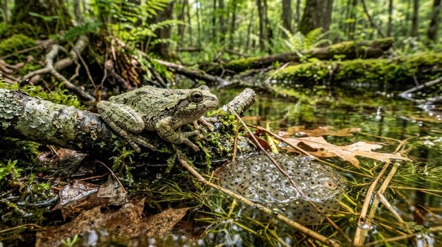 A green frog sitting on a mossy log in a lush, green forest with fallen leaves and ferns in the background.