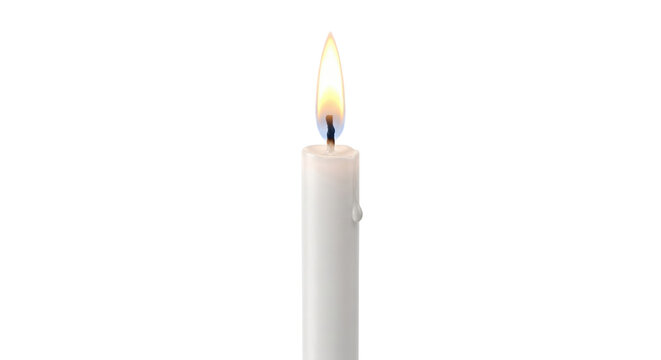 Single lit white taper candle with flame isolated