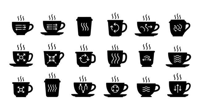 Workflow process and cycle icons with steam coffee cups featuring curved arrows direction signs and circulation symbols for logistics and system management
