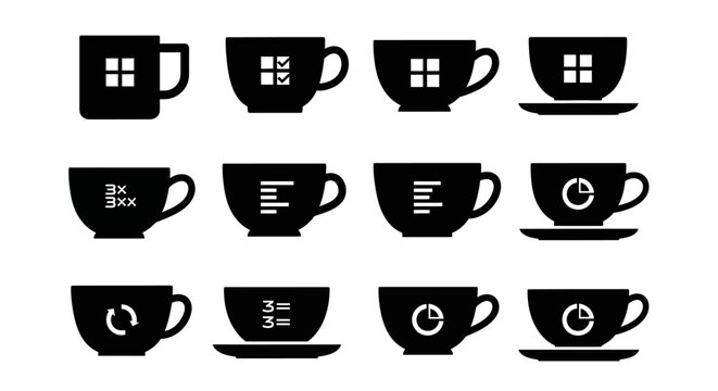 Document and data management coffee cup icons featuring grid layouts check marks list bars pie charts and mathematical symbols for office productivity tools