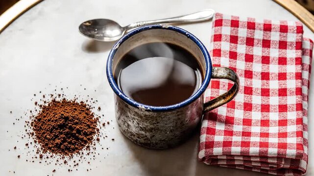 Hot Steaming Coffee in a Vintage Mug with Ground Coffee and Spoon on Marble Table