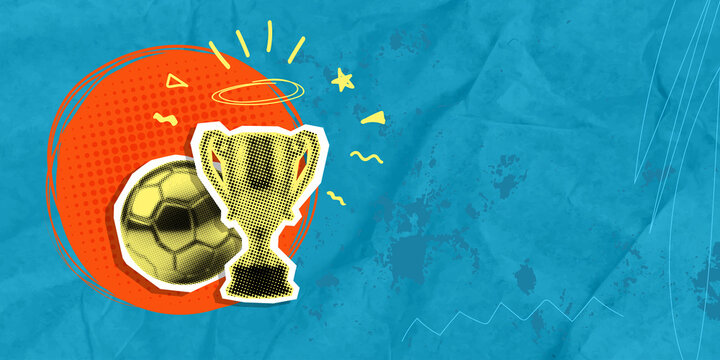 A surreal pop art collage featuring a hand-cut paper soccer ball and a gold trophy with halftone textures on a grunge background. A creative sports art poster with space for text.