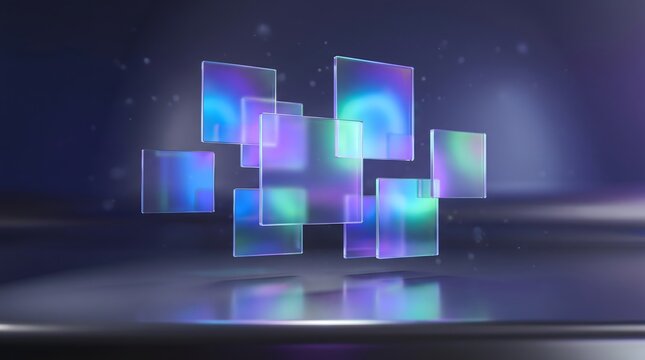 Abstract composition of floating translucent glass squares with glowing light reflections