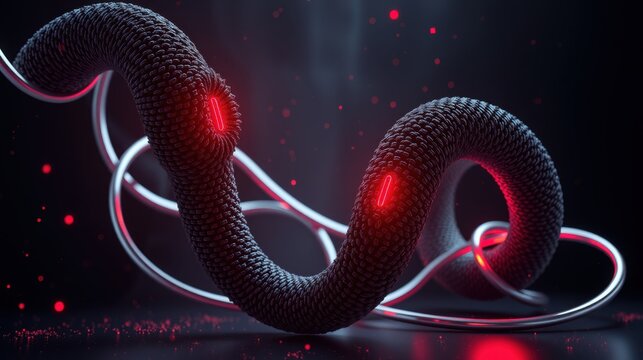 Dark futuristic design. Textured wormlike form glows red. Metallic lines surround it, creating abstract composition. Dramatic lighting enhances visual impact.