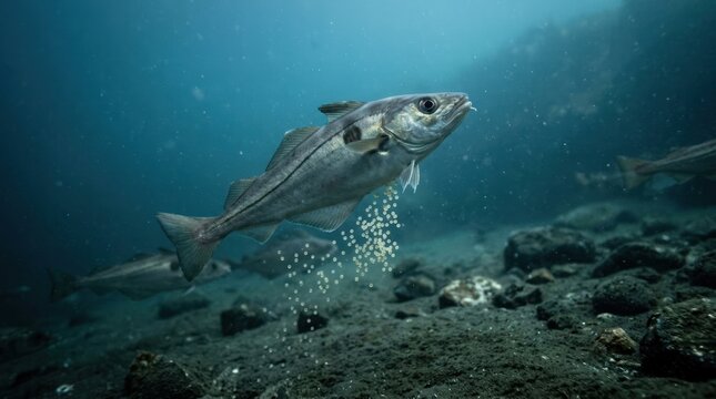 A cod fish swimming in the ocean with a rock formation in the background.