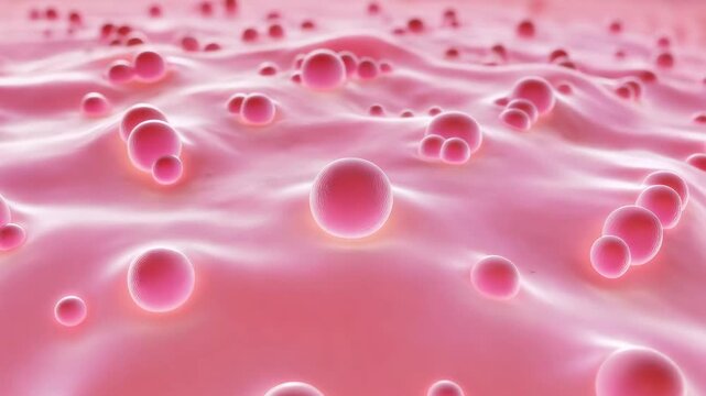 Abstract microscopic view of pink skin cells or biological molecules floating in a liquid surface