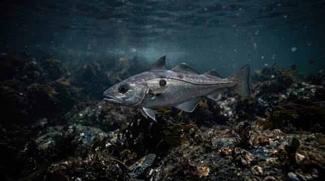 A cod fish swimming in an underwater environment with marine life and rocks.