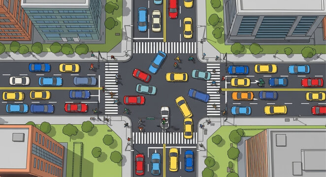 Busy City Intersection With Many Cars and Traffic Lights.
