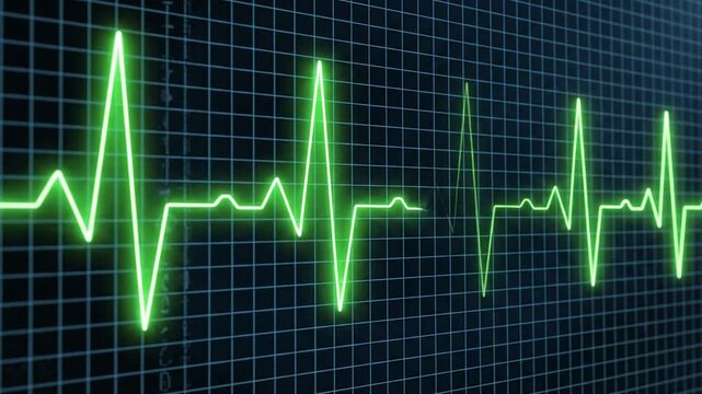 Digital Heart Rate Monitor Displaying Rhythmic Green Waveforms Over Grid Background, Ideal For Medical And Health-Related Content