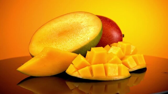 Ripe yellow mango slices and halves rotating slowly on a reflective surface in this cinematic studio video clip showcasing fresh tropical fruit for healthy food advertising