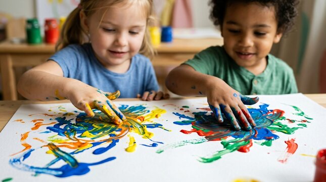 Group of children painting on a large sheet of paper with their hands. Kids engaged in a creative art project in a classroom. Early childhood development and educational activity.