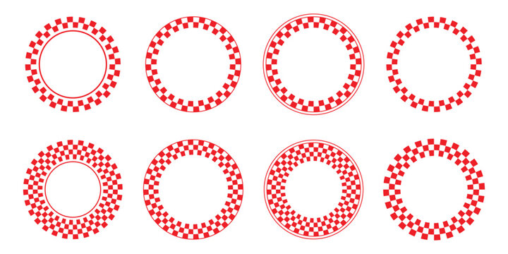 round frames with black and white chequered print. Vignettes with checkerboard, rally flag or chess game plane pattern. Circular geometric frameworks. Vector graphic illustration
