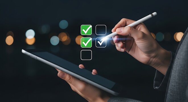 Person using stylus on tablet to check off on a digital checklist with bokeh lights background, to-do list