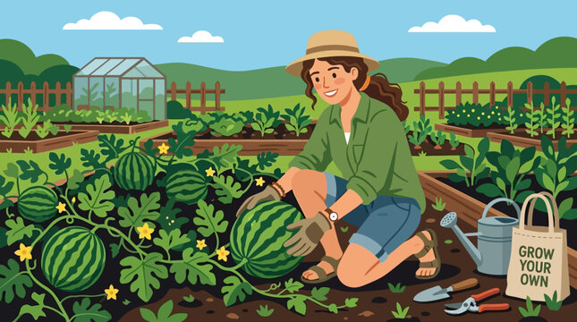 A happy woman wearing a straw hat kneels down to harvest a fresh ripe watermelon in the vegetable garden patch