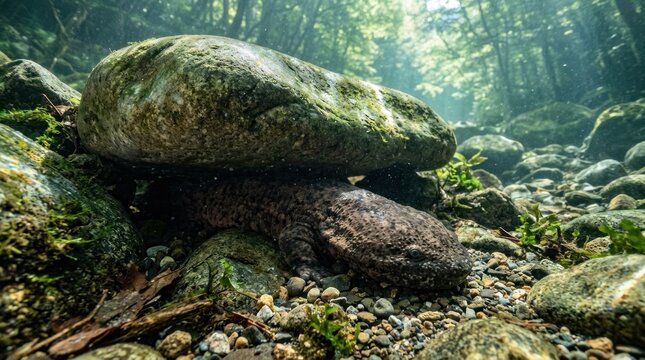 A large, brown salamander resting on a rocky, mossy riverbed with a large, flat rock in the background.