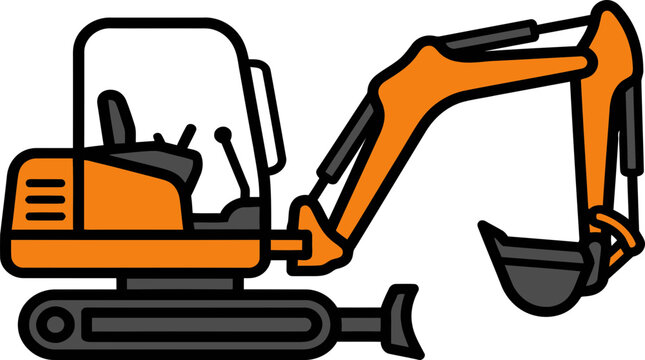 A cartoon illustration of an orange mini excavator with black accents