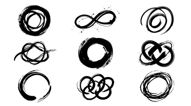 Infinity loop doodle set with hand-drawn circular scribbles and swirling knots for creative logo and poster design