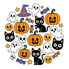 Naklejka premium Cute Halloween Sticker Set with Ghost Pumpkin Black Cat and Skull
