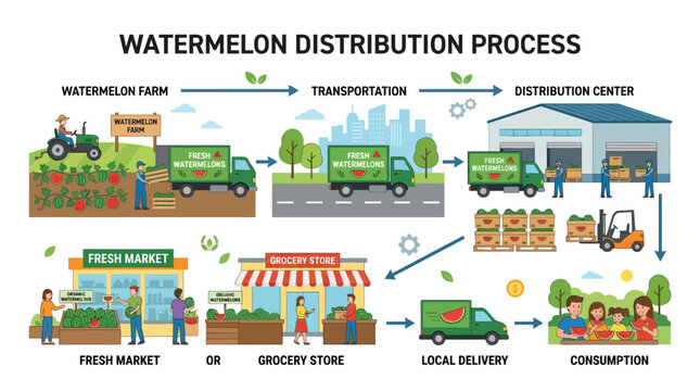 This detailed infographic illustration depicts the entire commercial watermelon distribution process from the initial farm harvest to final consumer consumption