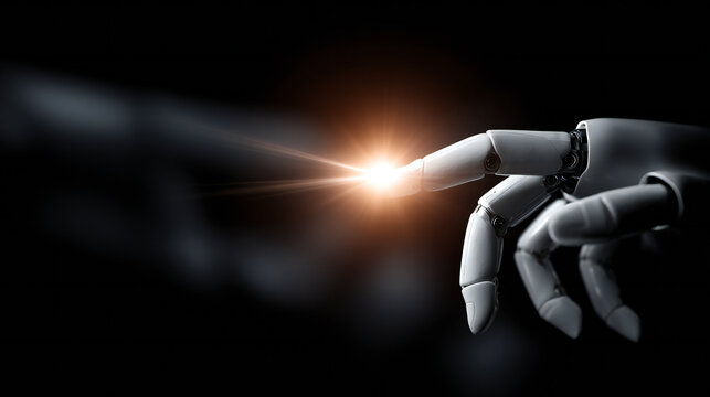 Futuristic robotic fingers touching with glowing light spark on a dark background, artificial intelligence and human connection concept symbolizing innovation and advanced digital interaction.