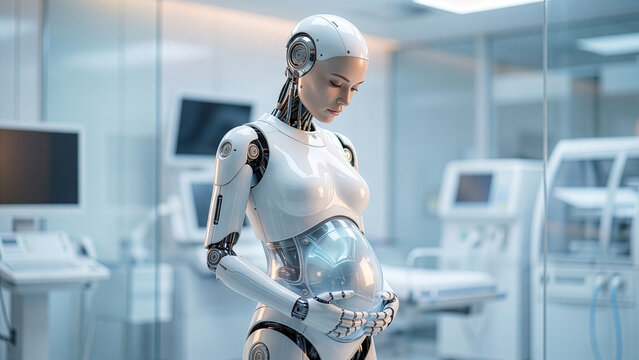 Female Humanoid Robot with Transparent Pregnant Abdomen Standing in Futuristic Medical Facility &mdash; AI Reproductive Technology and Future Medicine Concept