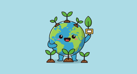 A smiling cartoon Earth character holds plants and a battery in a sunny environment © Fendi