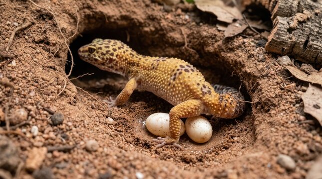 A leopard gecko with eggs in its nest. The reptile concept of a lizard and its habitat.
