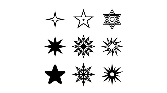 Stars sparkle set with outlined doodle shapes and pointy burst effects, ideal for party banners, stickers, and graphic design