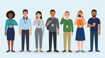 Obraz premium Diverse group of people standing together in an office setting using various devices.