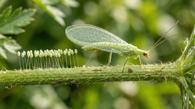 A green lacewing insect on a plant stem with caterpillars.