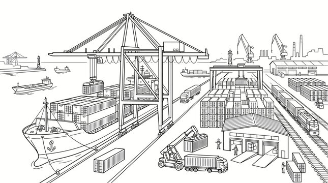 Detailed illustration of a bustling intermodal port with container ships, cranes, trains, and trucks facilitating global cargo logistics.