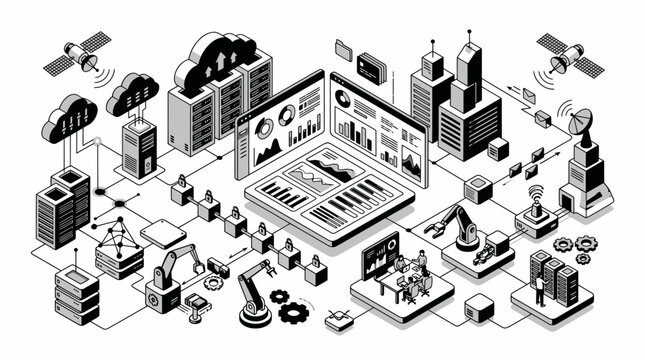 Isometric illustration depicting a comprehensive digital ecosystem with cloud computing, data centers, IoT, smart city infrastructure, and industrial automation.