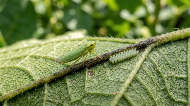 A green leafhopper on a green leaf with white spots, possibly on a plant, with a blurred green background.
