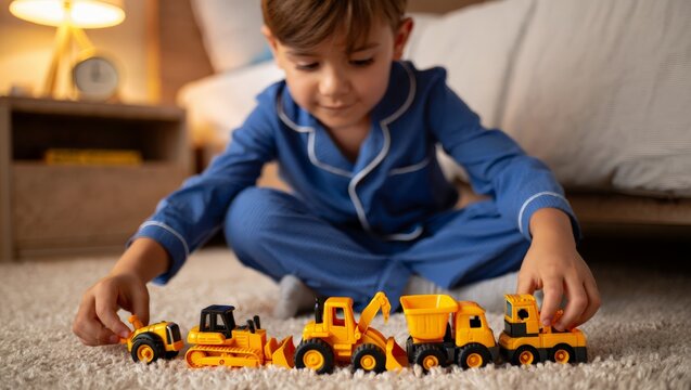A young boy in blue pajamas is sitting on a carpeted floor playing with a collection of yellow toy trucks and construction vehicles in a cozy bedroom.