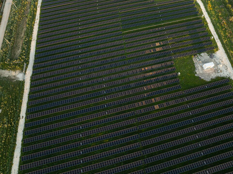 Aerial view of a large solar panel farm with rows of photovoltaic modules installed on green fields under soft evening light in Augusta, Sicily, Italy.
