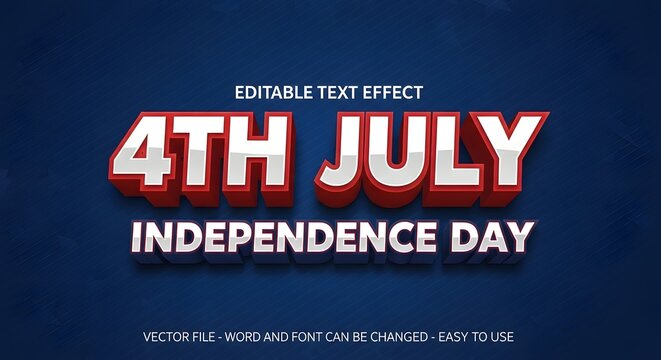 4th july independence day editable 3d text effect with red and white glossy typography