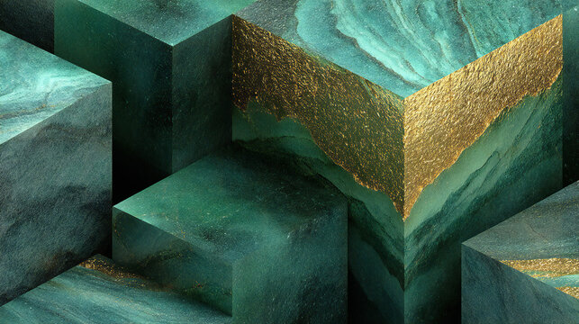 Green marble inspired geometric blocks with luxurious gold textures and modern abstract architectural aesthetics, premium digital artwork ideal for elegant branding and sophisticated interior design 