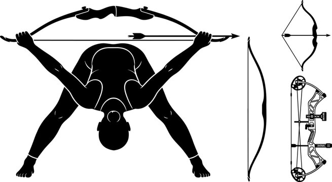 Archery Silhouette Set with Female Archer Holding Bow and Arrow Plus Compound Longbow Graphic Icons Vector Illustration