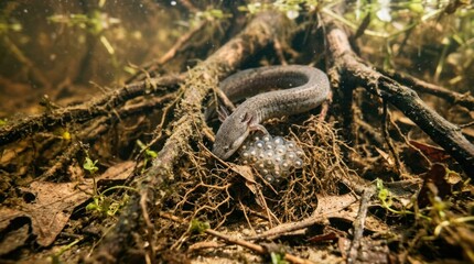 Obraz premium A small, gray, snake-like creature with a spotted egg on a tree root in a forested area.
