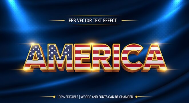 America 3d text effect with american flag pattern on blue fabric background, editable vector typography for patriotic design, independence day style