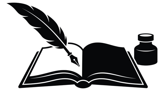 Black quill pen and ink bottle with open book