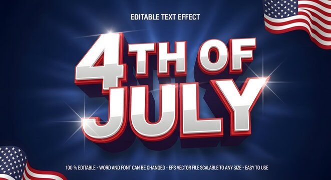 4th of july 3d text effect on blue background with american flags and light flares editable vector illustration for independence day celebration