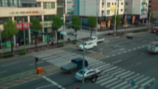Blurred out of focus view to street road full with traffic cars and buses transportation
