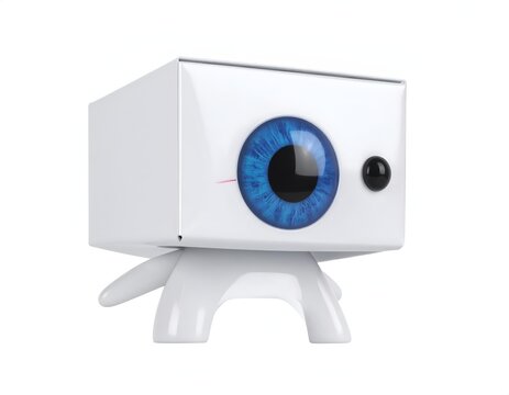 Futuristic minimalist white cubic robot figurine with a large realistic blue optical camera eye